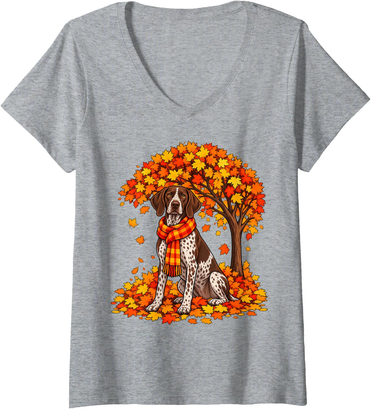 Women's German Shorthaired Pointer Tree Pumpkin Autumn Thanksgiving V-Neck T-Shirt - Heather Grey