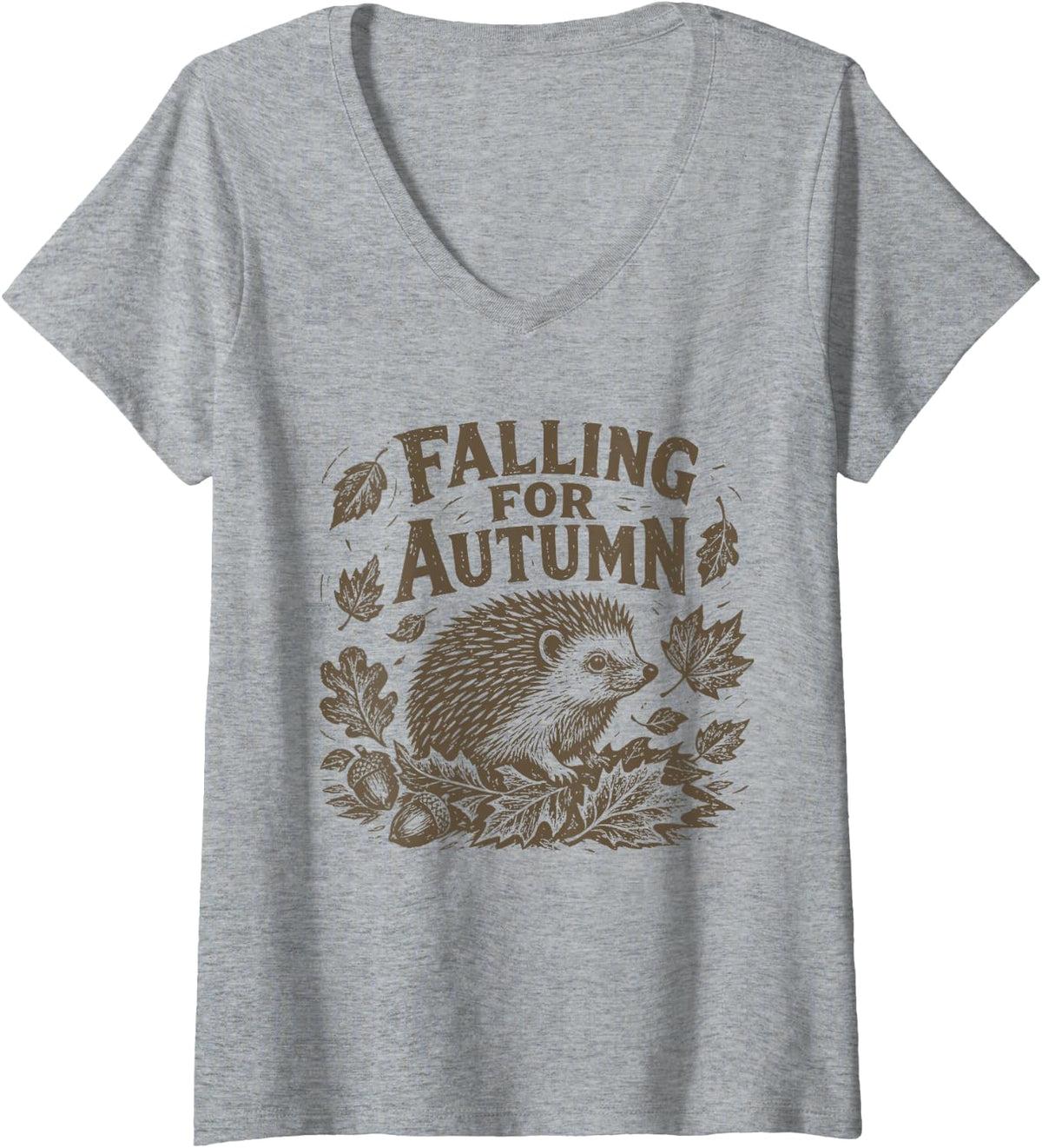 Women's Falling for Autumn Fall Hedgehog V-Neck T-Shirt - Heather Grey