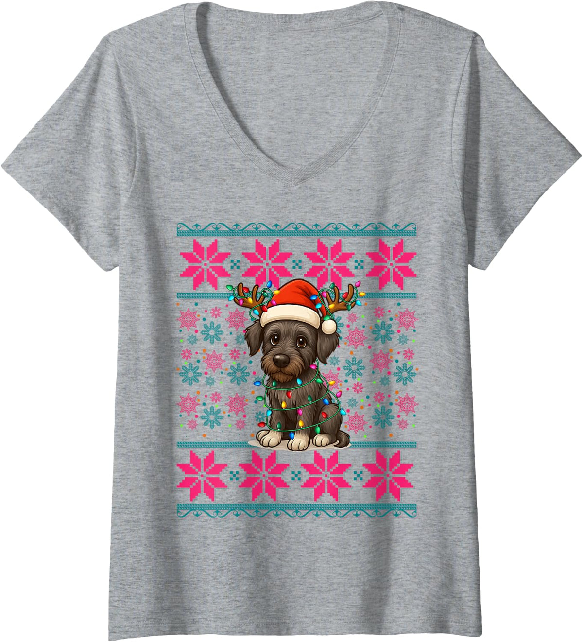 Women's Reindeer Santa Hat Ugly Christmas Irish Wolfhound Dog Girls V-Neck T-Shirt - Heather Grey