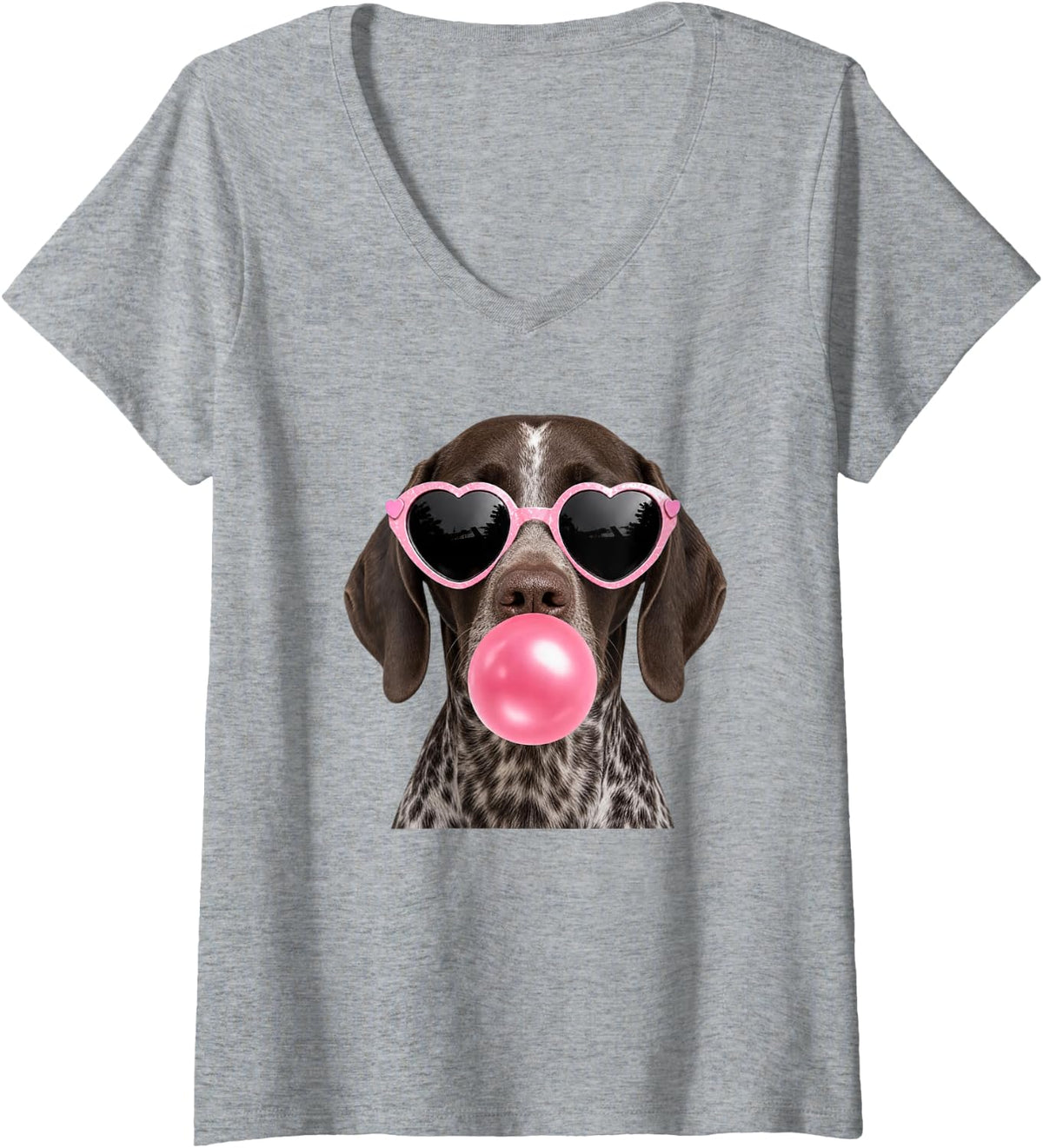 Women's German Shorthaired Pointer Dog Bubble Gum Pink Sunglasses V-Neck T-Shirt - Heather Grey