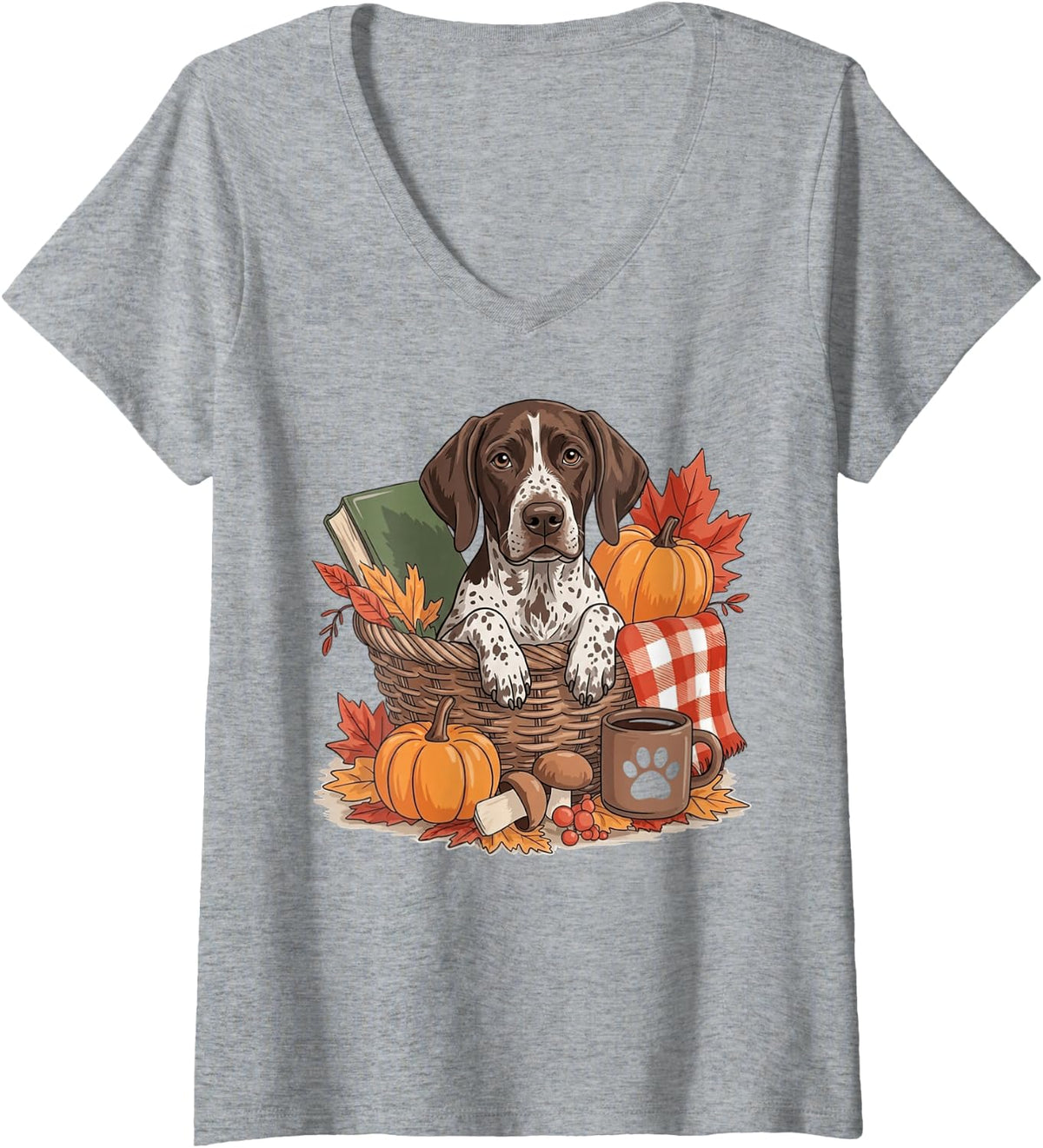 Women's German Shorthaired Pointer Dog Fall Leaves Books and Autumns V-Neck T-Shirt - Heather Grey