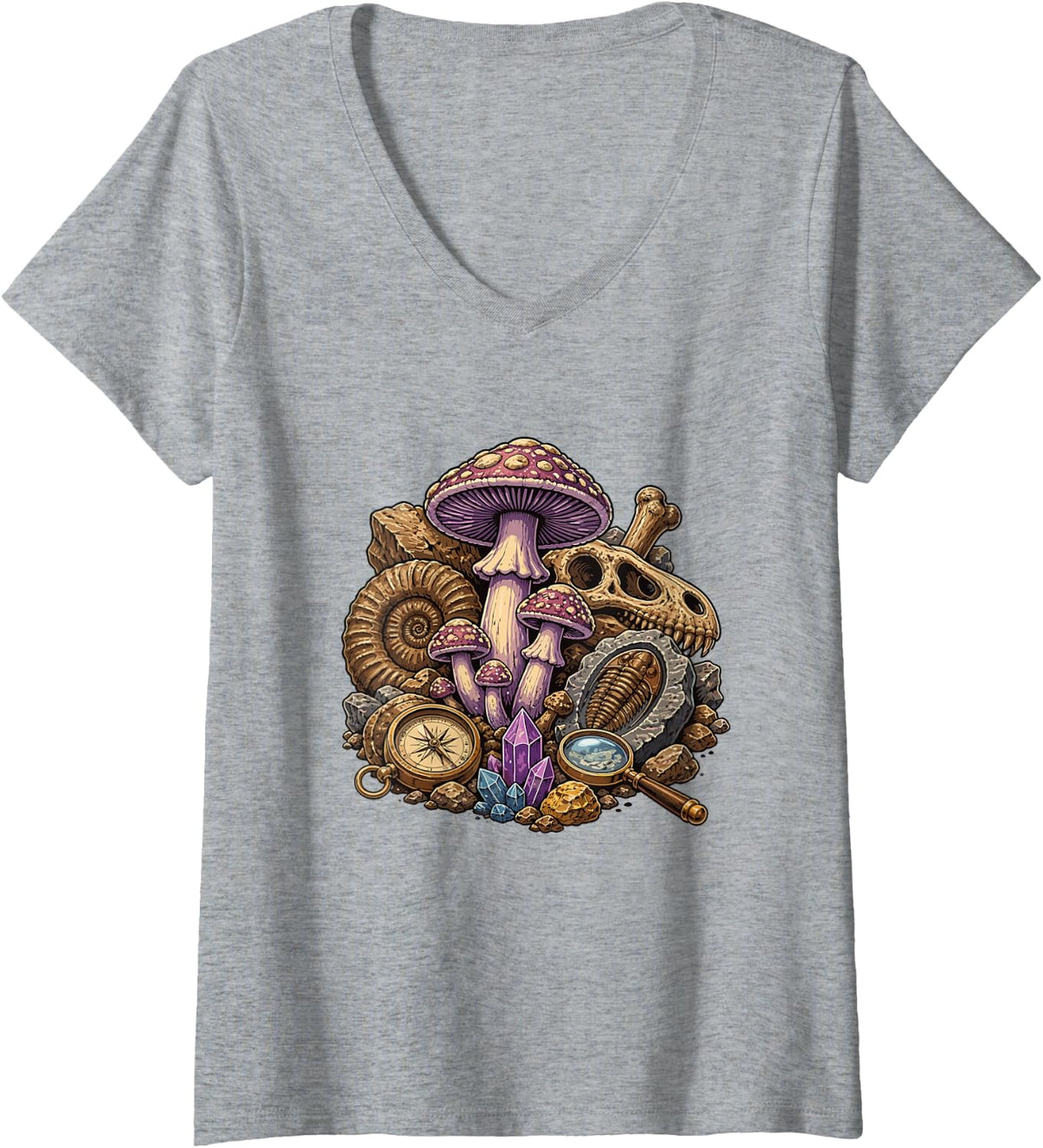 Women's Mystic Mushroom Fossil Compass Crystal Collection V-Neck T-Shirt - Heather Grey
