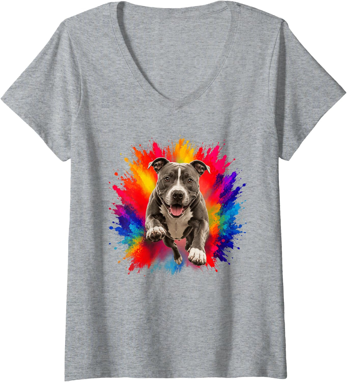 Women's American Pit Bull Terrier Colorful Splash Art Dog V-Neck T-Shirt - Heather Grey