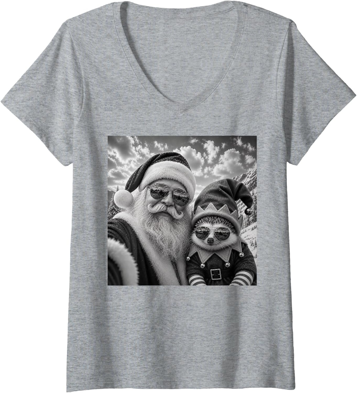Women's Funny Santa Selfie with Hedgehog Christmas V-Neck T-Shirt - Heather Grey
