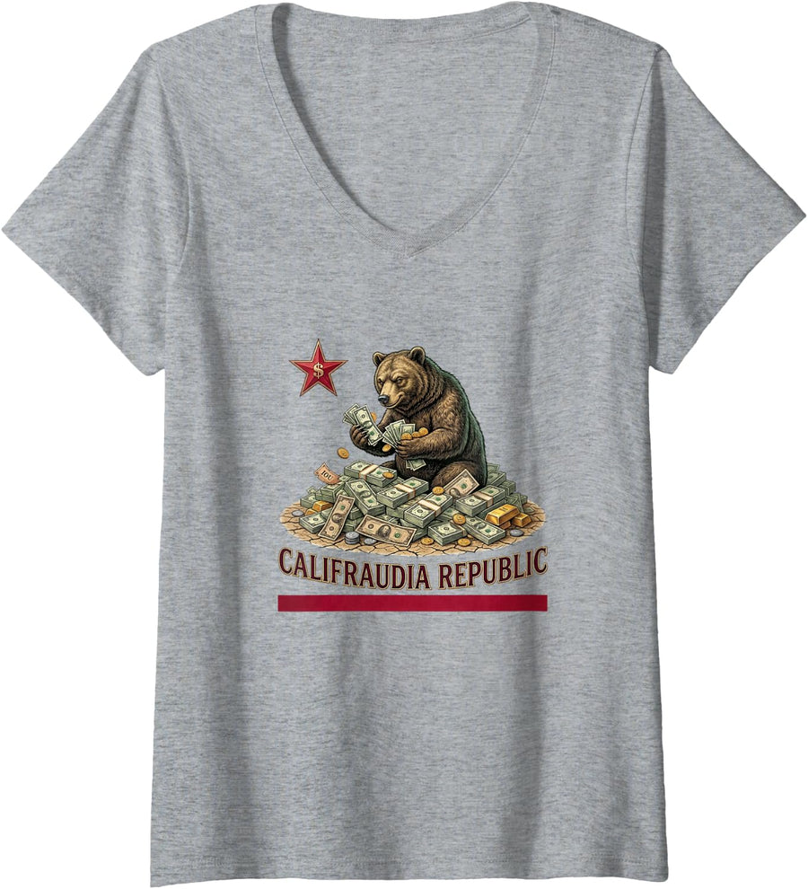 Women's Califraudia Republic Funny California Bear Parody Design V-Neck T-Shirt - Heather Grey