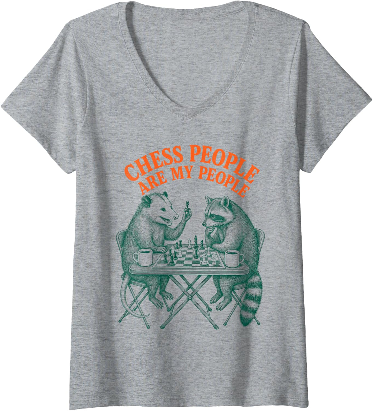 Women's Chess People My People Raccoon Chess Player Retro V-Neck T-Shirt - Heather Grey