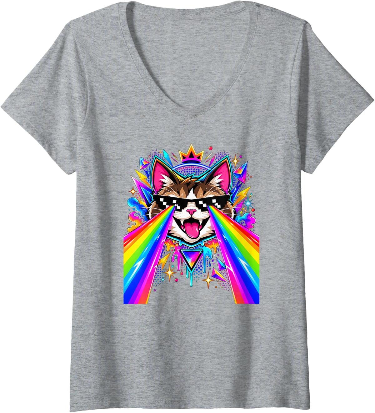 Women's Rainbow Laser Cat Retro Gaming Colorful Funny Cat Art V-Neck T-Shirt - Heather Grey