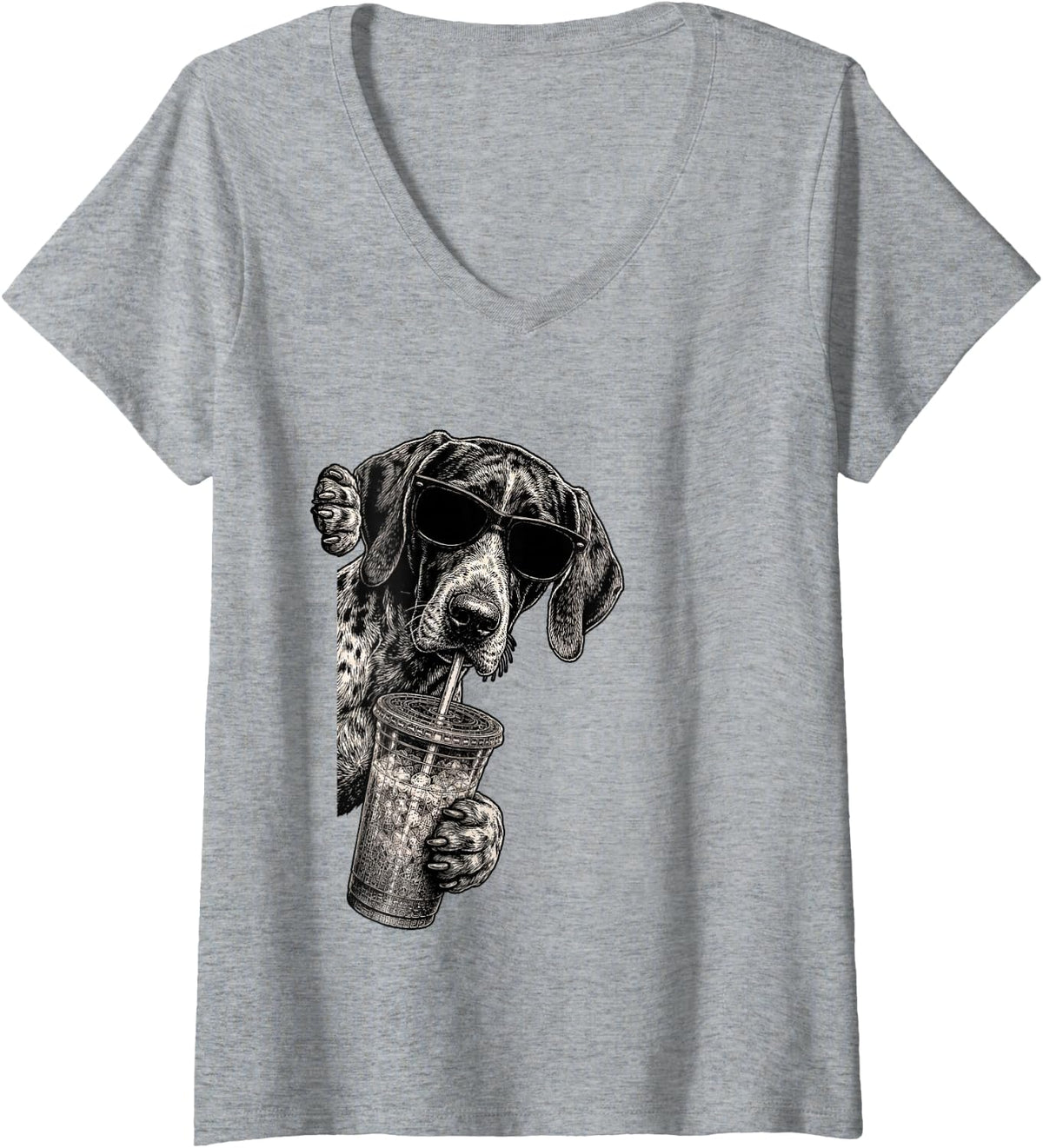 Women's German Shorthaired Pointer Dog Peeking Drinking Iced Coffee V-Neck T-Shirt - Heather Grey