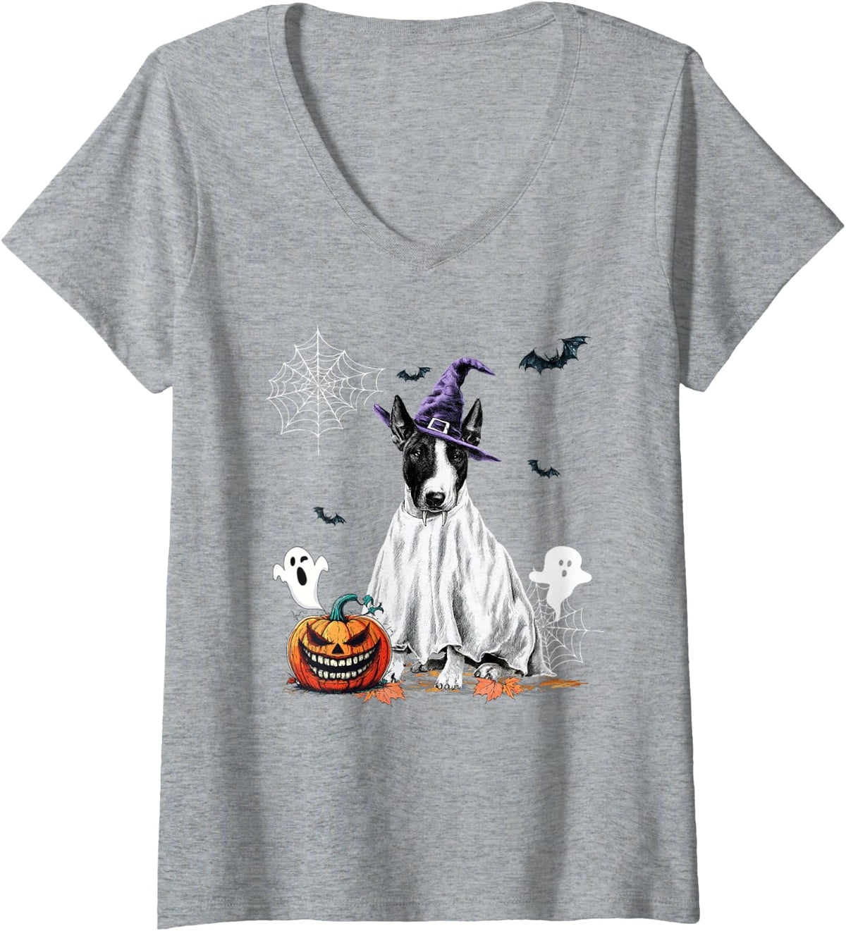 Women's Scary Pumpkin Bat Witch Hat Bull Terrier Dog Halloween V-Neck T-Shirt - Heather Grey