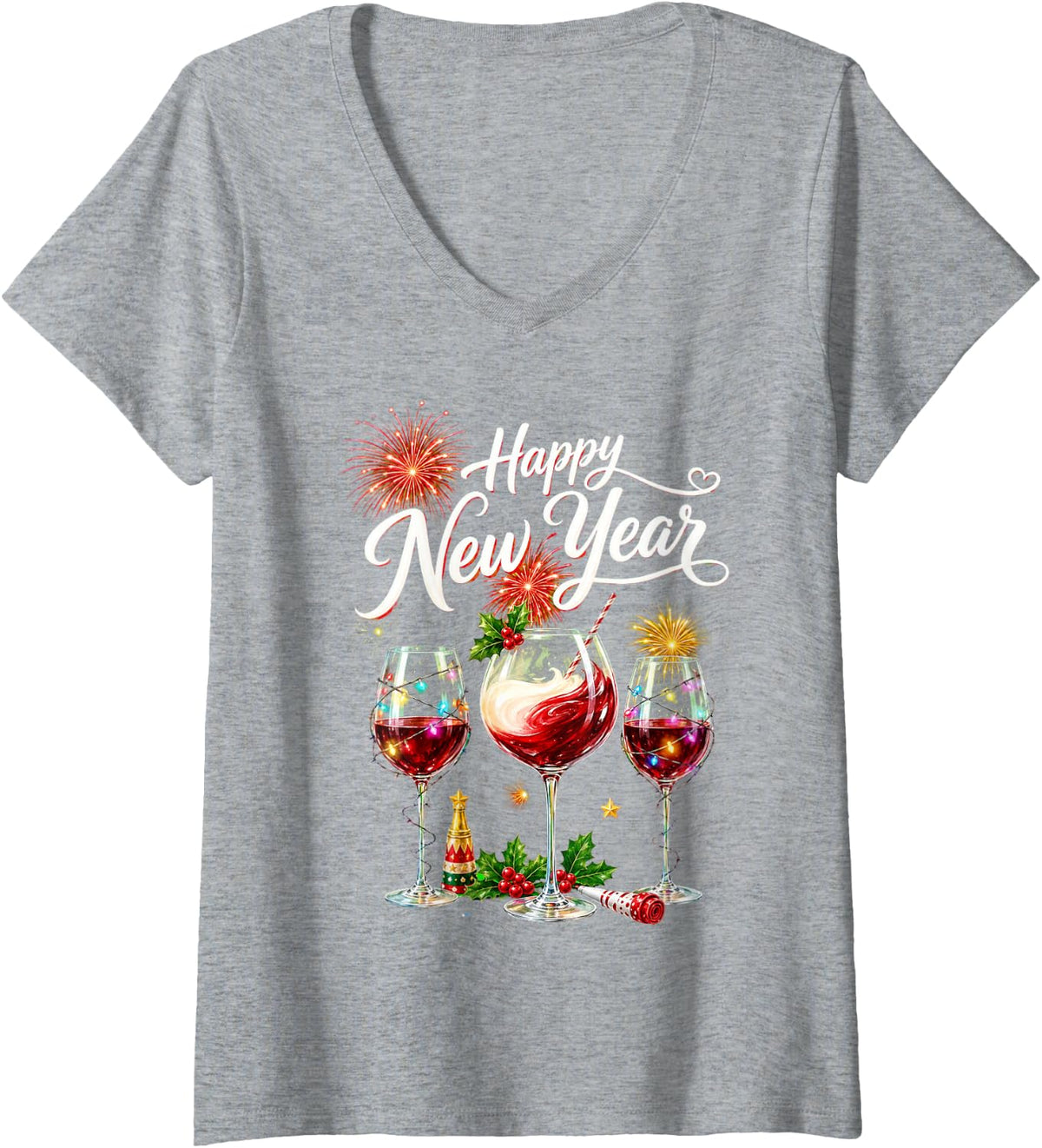 Women's Happy New Year 2026 New Years Eve Fireworks Glasses of Wine V-Neck T-Shirt - Heather Grey