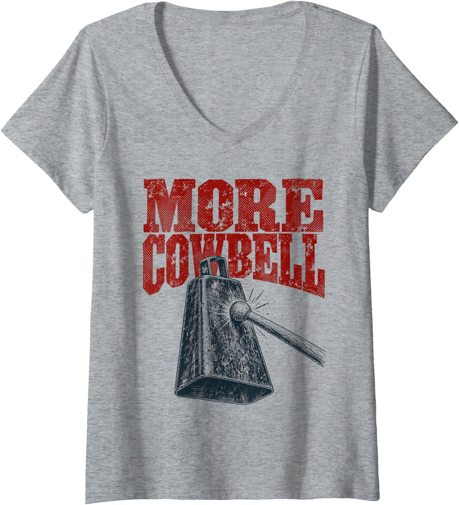 Women's More Cowbell Drummer Music Funny V-Neck T-Shirt - Heather Grey