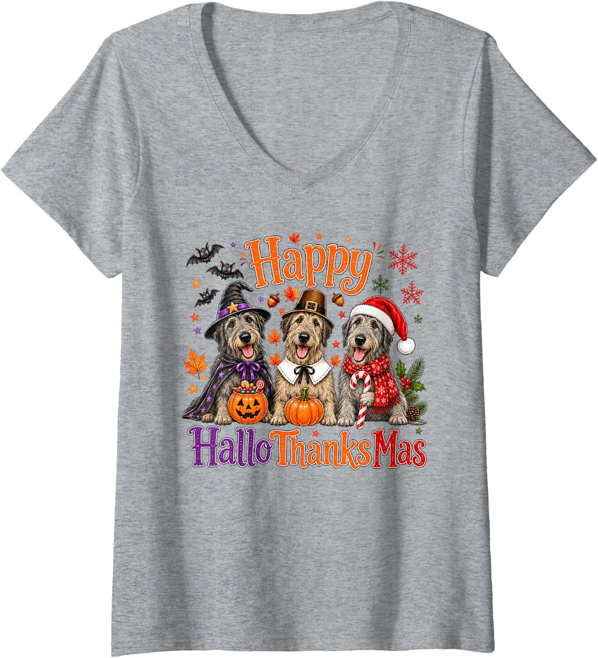Women's Irish Wolfhound Happy Hallothanksmas Halloween Thanksgiving V-Neck T-Shirt - Heather Grey