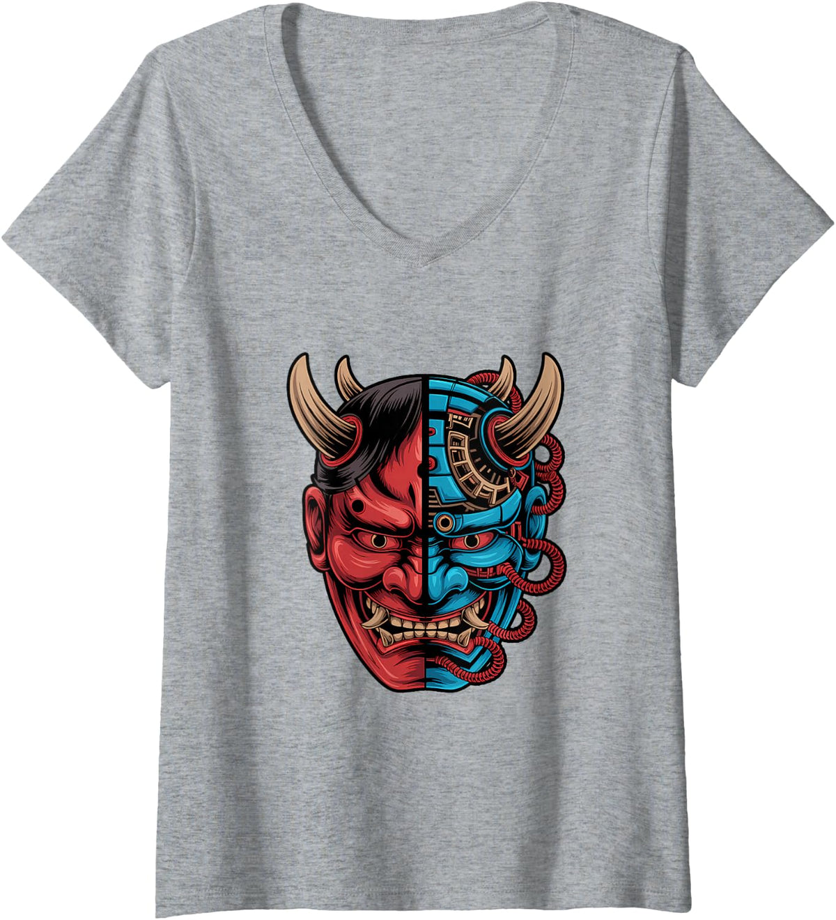 Women's Retro Fun Techwear Cyberpunk Samurai Artist V-Neck T-Shirt - Heather Grey