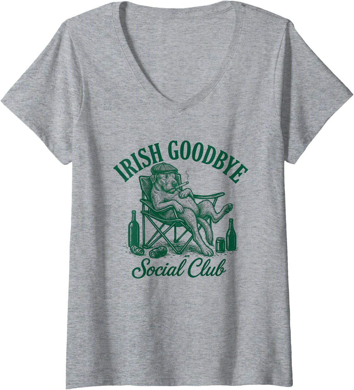 Women's Irish Goodbye Social Club Drinking Wolfhound Dog V-Neck T-Shirt - Heather Grey