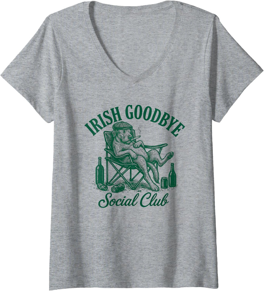 Women's Irish Goodbye Social Club Drinking Wolfhound Dog V-Neck T-Shirt - Heather Grey