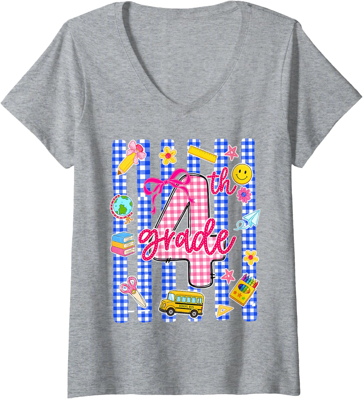 Women's Fourth Grade Cute First Day Back to School Student Teacher V-Neck T-Shirt - Heather Grey