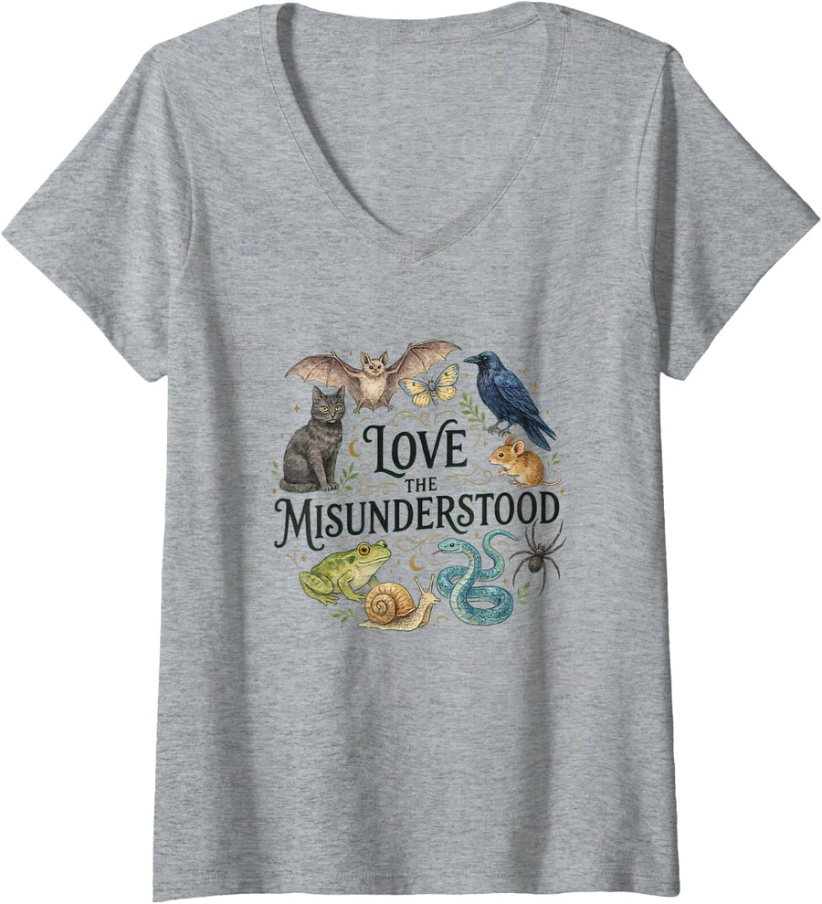 Women's Love The Misunderstood Frog Snake Bat Raven Cat Spider Moth V-Neck T-Shirt - Heather Grey