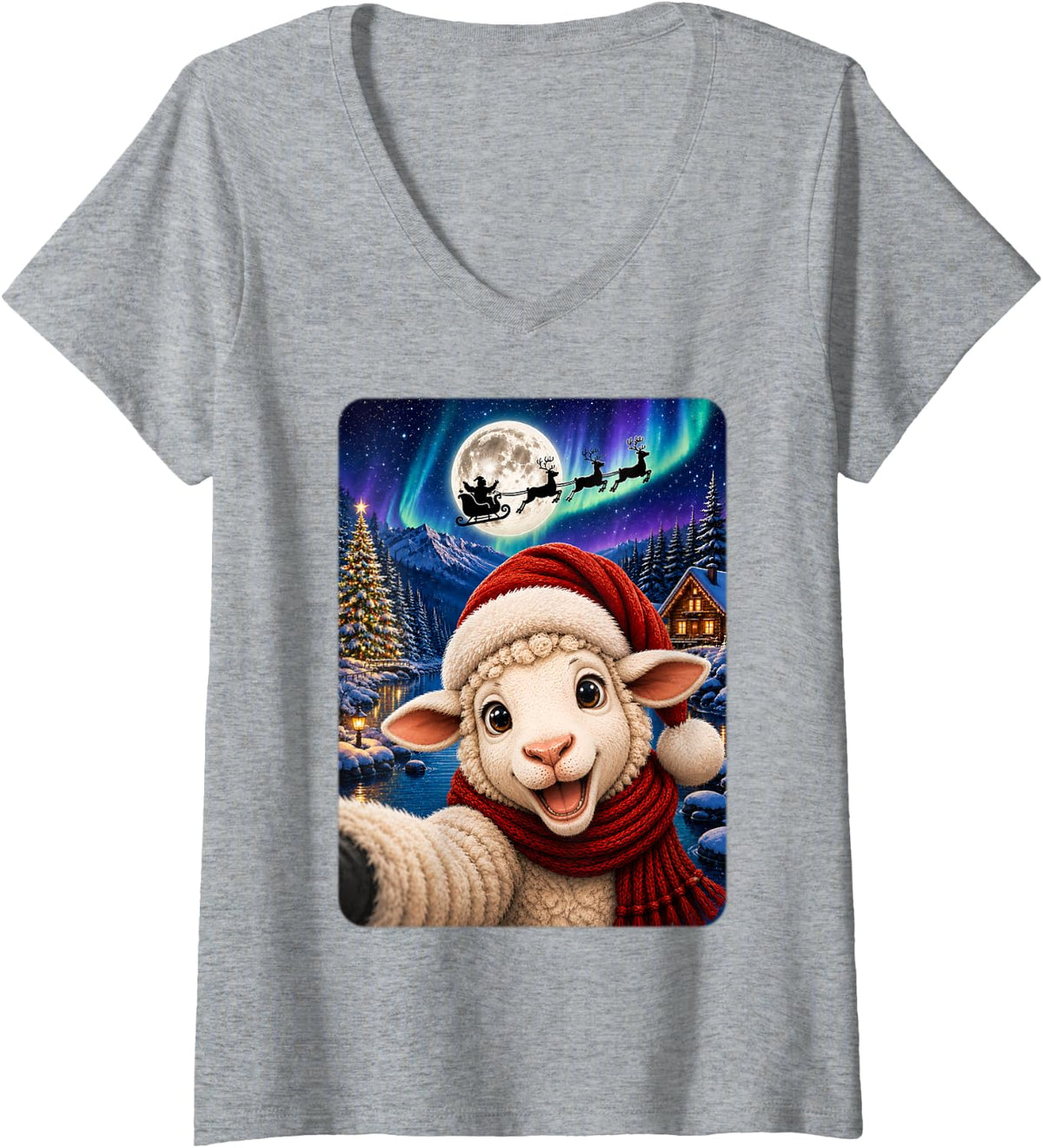 Women's Cute Holiday Winter Selfie Lamb Sheep Christmas V-Neck T-Shirt - Heather Grey