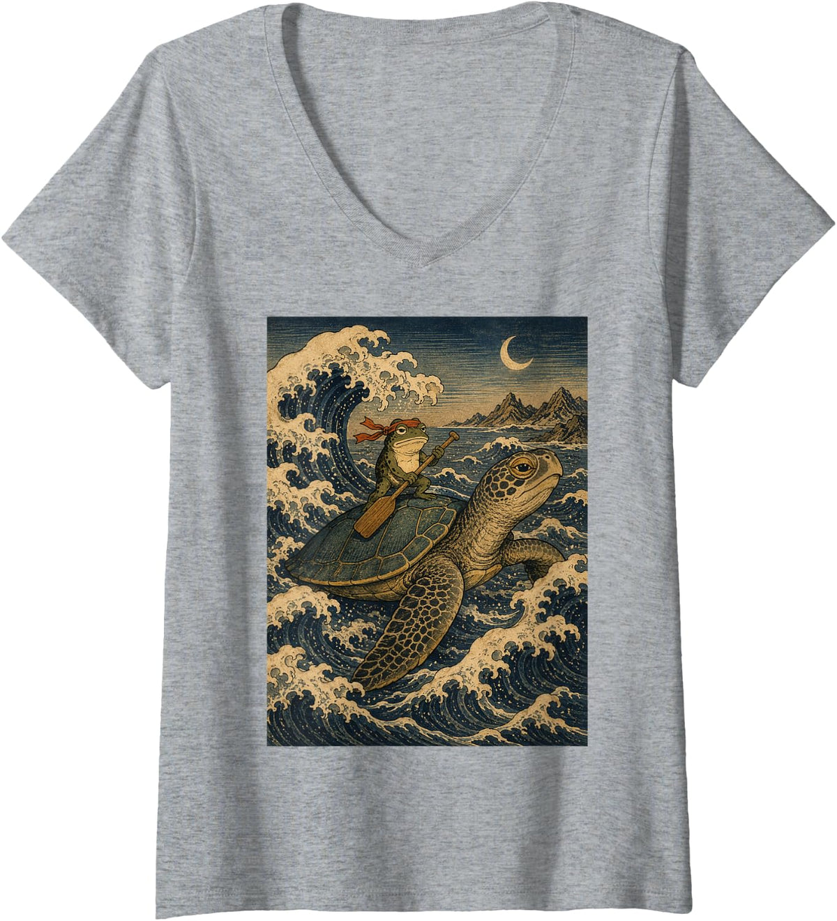 Women's Funny Frog Riding Sea Turtle Japanese Woodblock Ocean Art V-Neck T-Shirt - Heather Grey