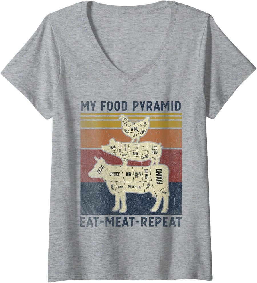 Womens My Food Pyramid Eat Meat Repeat Retro Vintage Funny BBQ Joke V-Neck T-Shirt - Heather Grey