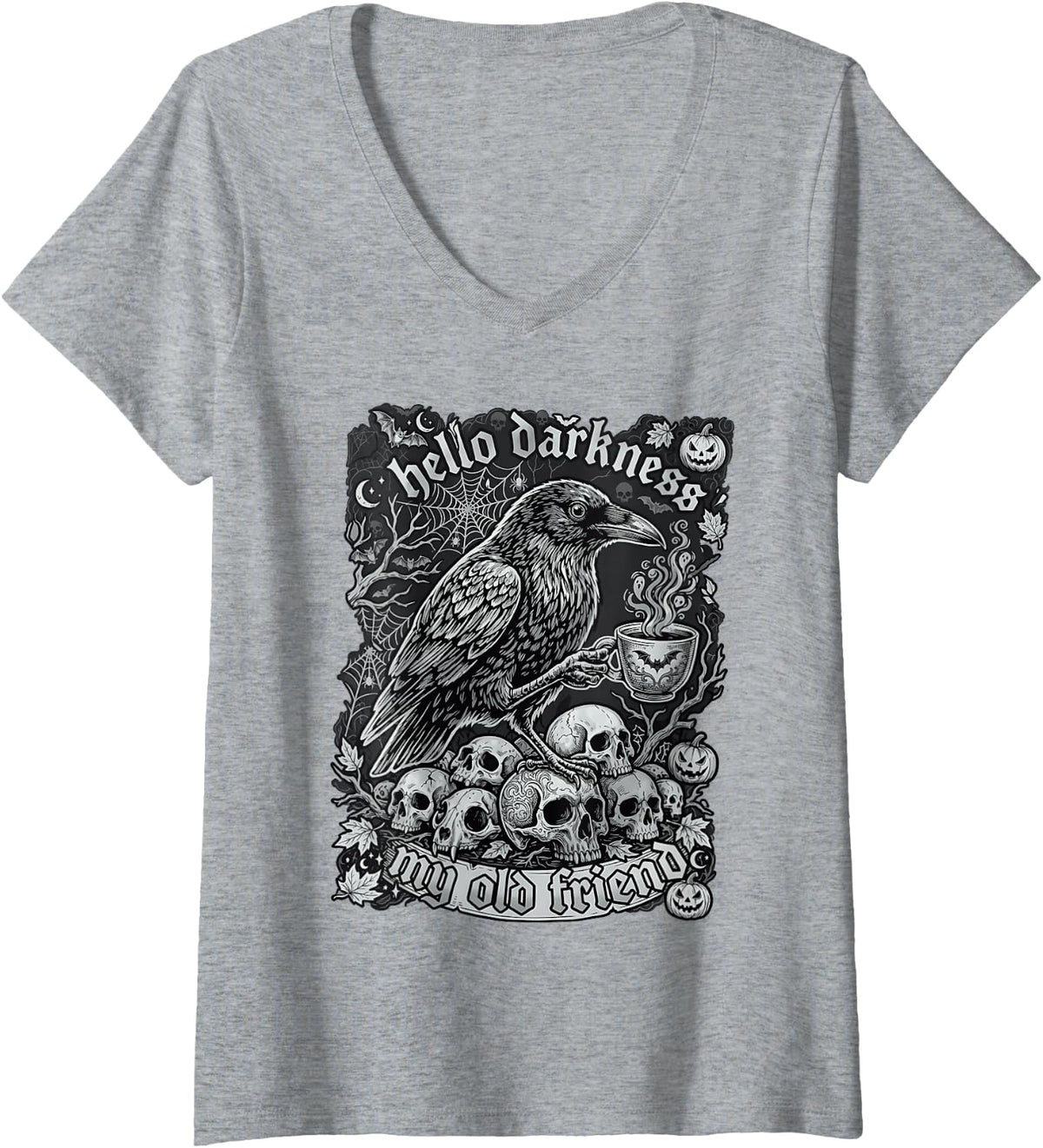 Women's Hello Darkness My Old Friend Raven Skulls Coffee Gothic V-Neck T-Shirt - Heather Grey