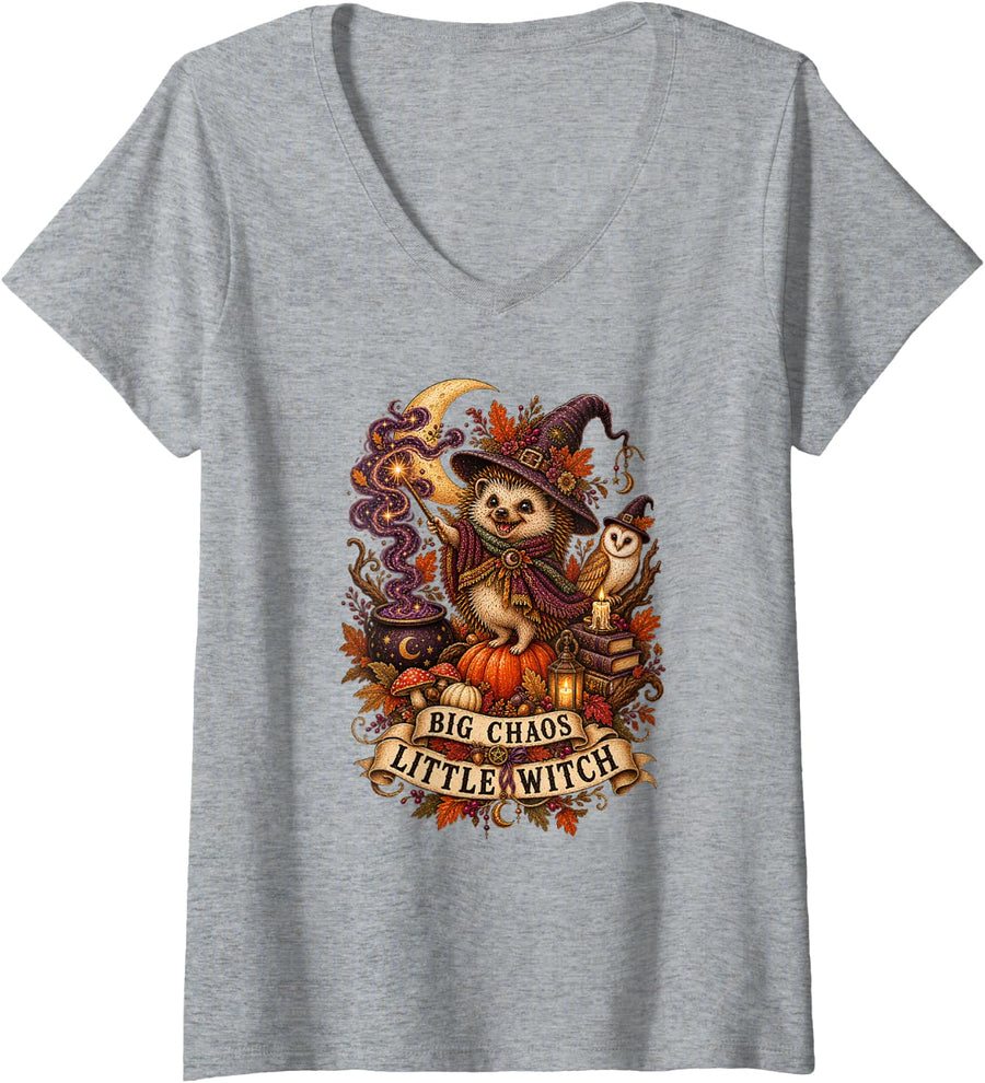 Women's Dark Hedgehog Woodland Witch Autumn Cottagecore Aesthetic V-Neck T-Shirt - Heather Grey