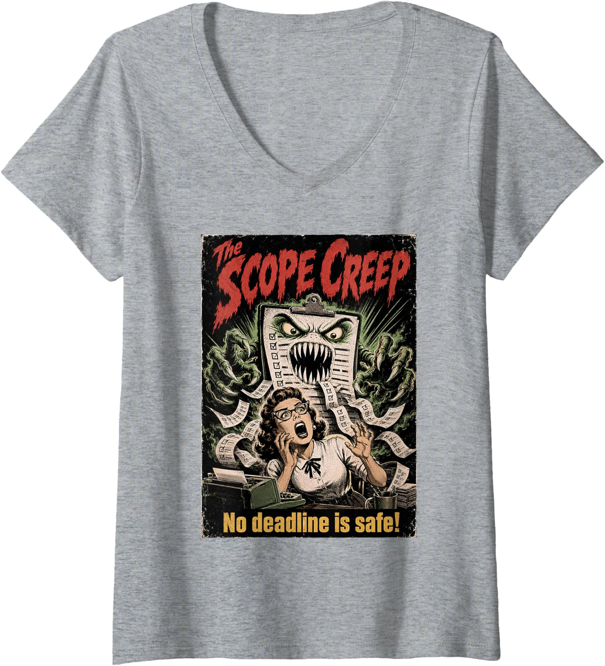 Women's The Scope Creep Programmer 1950s Horror Movie Poster V-Neck T-Shirt - Heather Grey