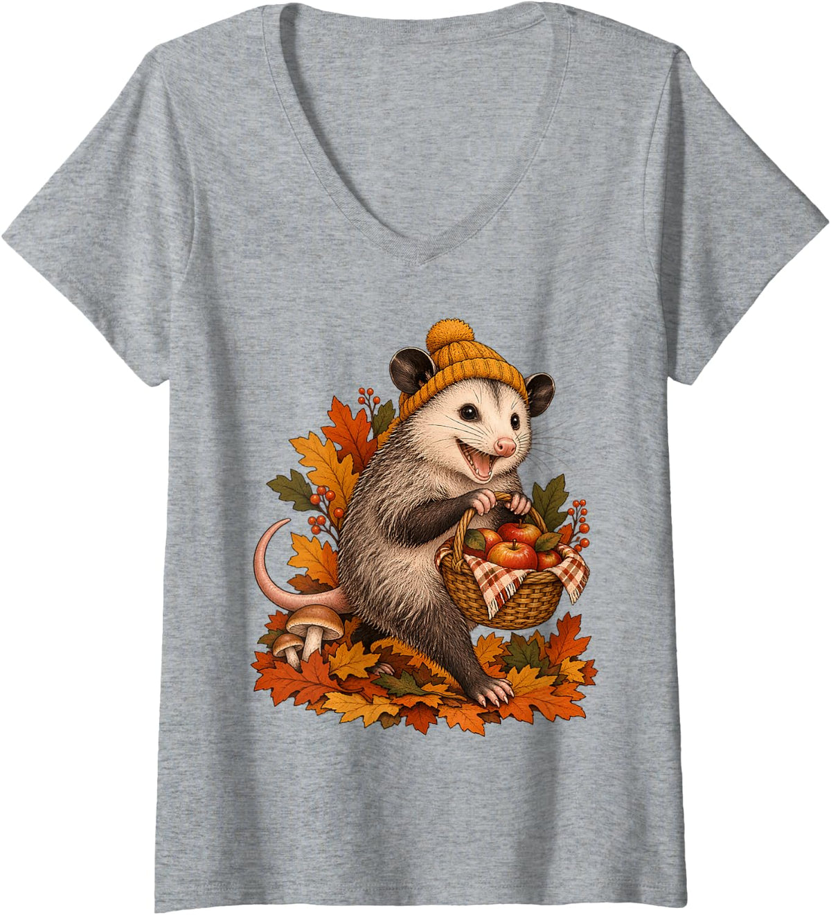 Women's Funny Opossum Apple Picking Basket Fall Autumn V-Neck T-Shirt - Heather Grey