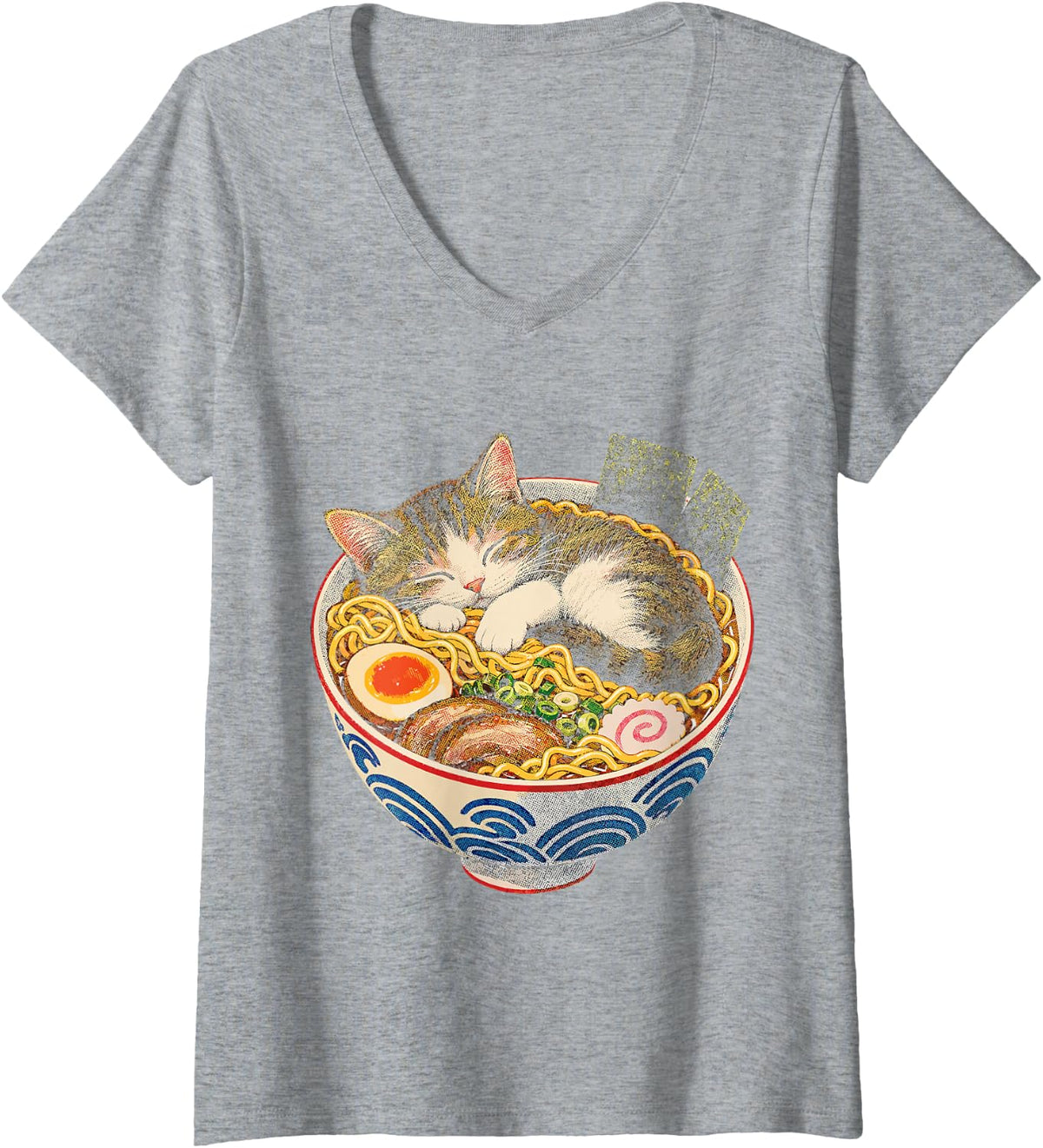 Women's Funny Cat Ramen Noodles Kawaii Ramen Cat Tail Pillow V-Neck T-Shirt - Heather Grey