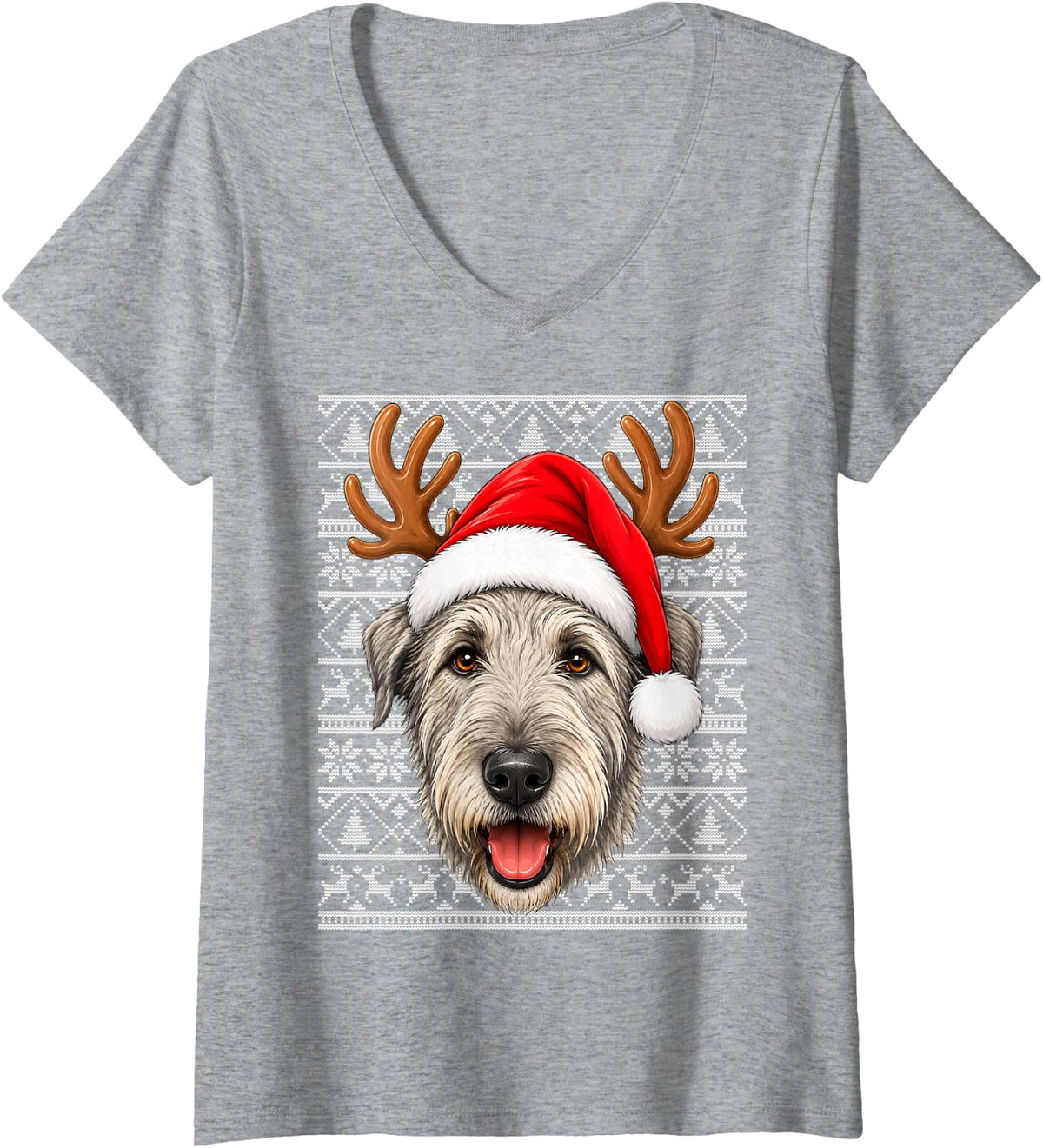 Women's Irish Wolfhound Dog Christmas Santa Hat Ugly Sweater Xmas V-Neck T-Shirt - Heather Grey