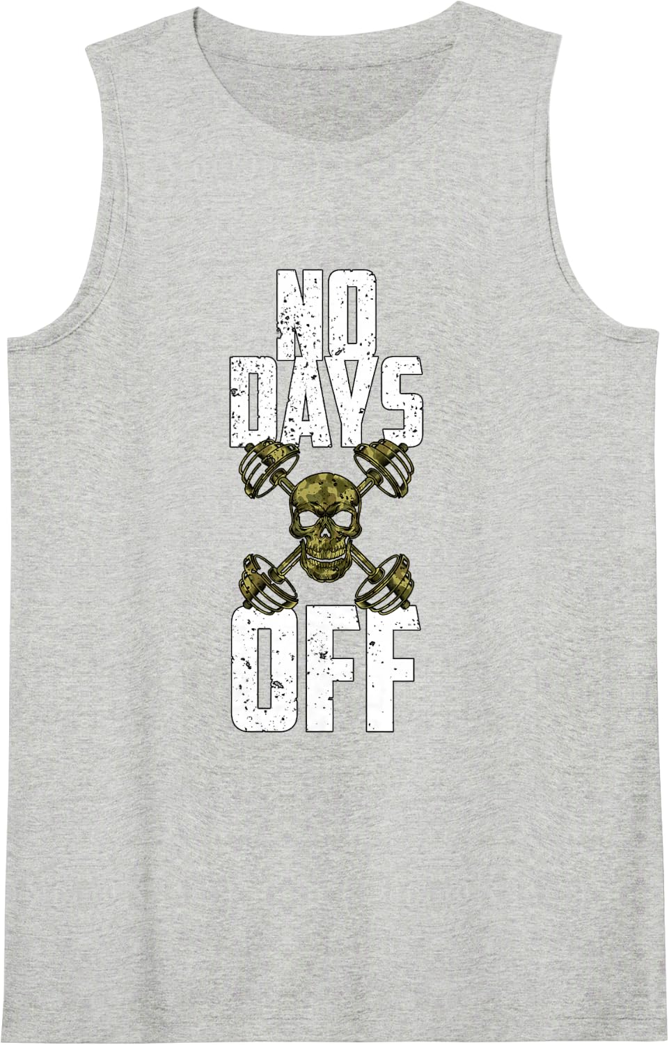 No Days Off Camo Skull Dumbbells Gym Workout Motivation Sleeveless Tank Top - Heather Grey