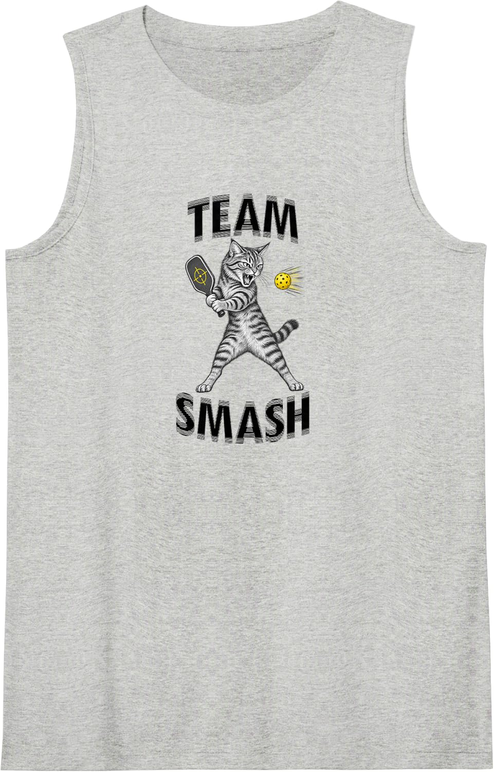 Artistic Tabby Cat Playing Pickleball - Team Smash! Sleeveless Tank Top - Heather Grey
