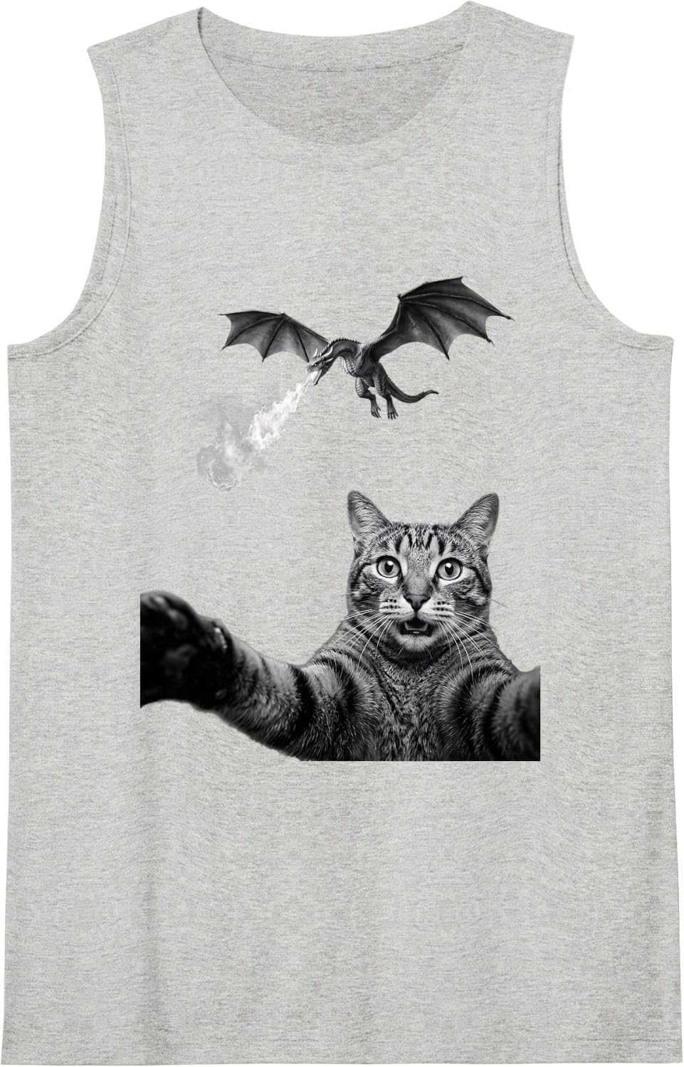Funny Cat Taking Selfie with Fire Breathing Dragon Meme Sleeveless Tank Top - Heather Grey