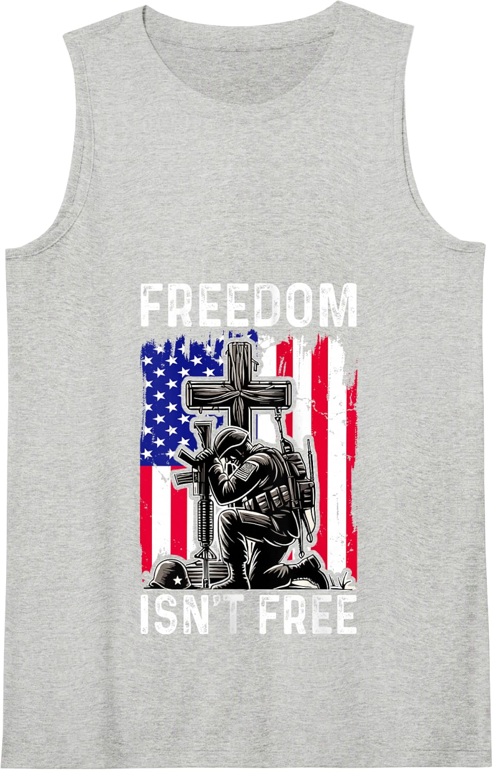 Freedom Isn't Free Military Tribute American Flag Tank Top - Heather Grey