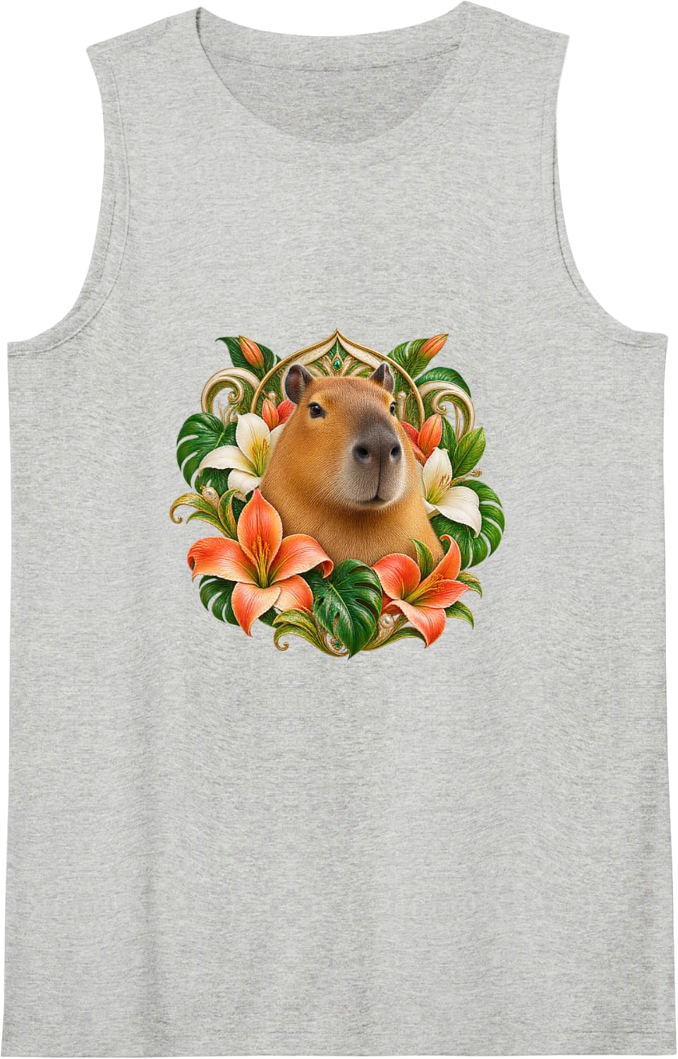 Capybara Portrait with Coral and Ivory Lilies Sleeveless Tank Top - Heather Grey