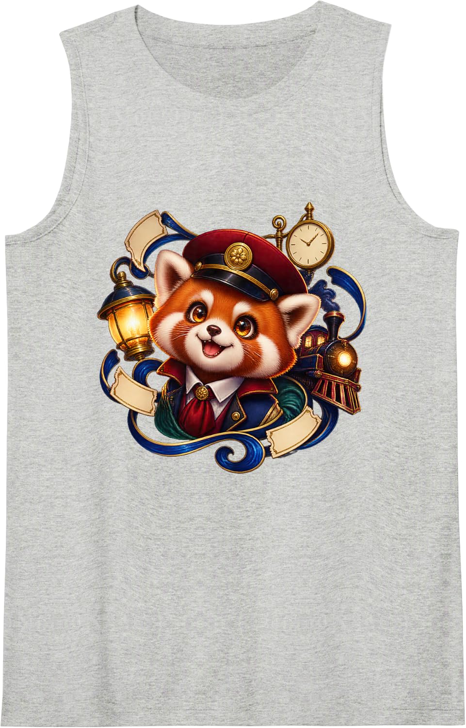 Red Panda Lantern Keeper Night Train Station Circular Art Sleeveless Tank Top - Heather Grey