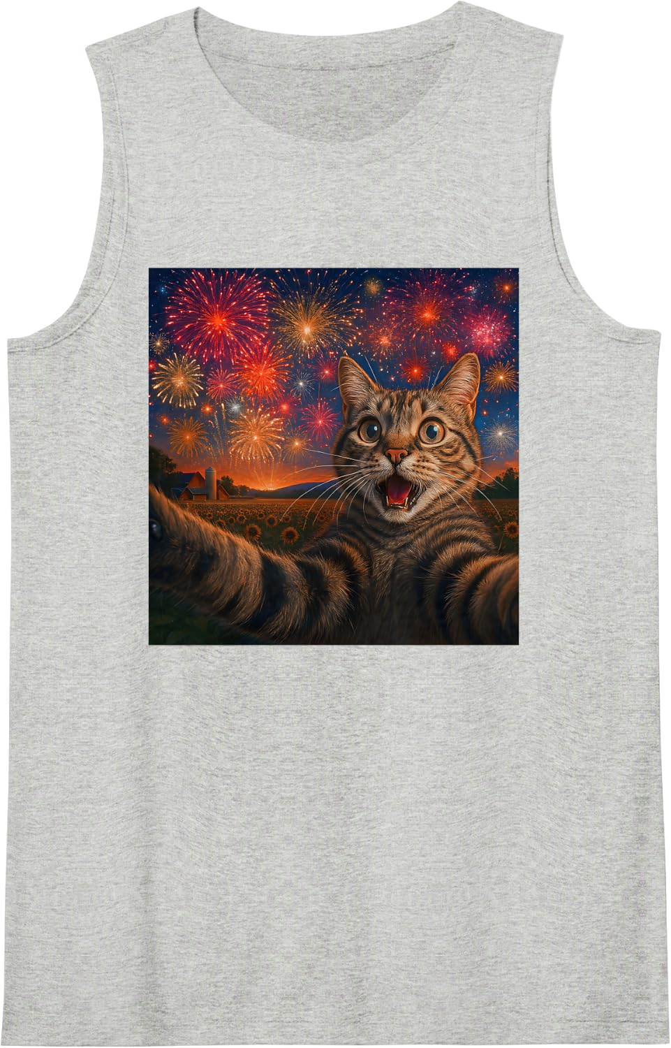 Funny Cat Selfie with Fireworks Happy New Year Eves Outfits Sleeveless Tank Top - Heather Grey