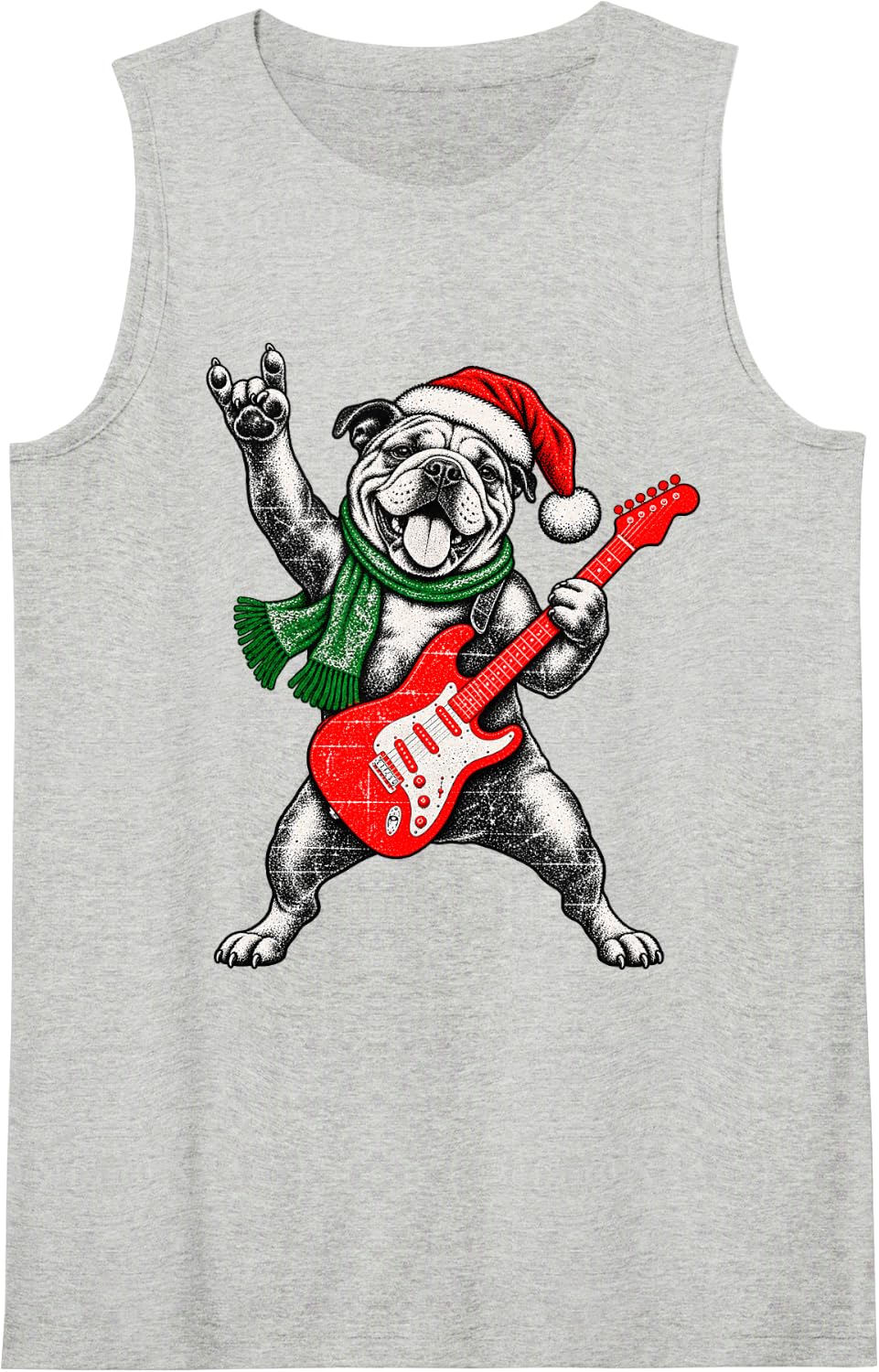 Vintage Bulldog Rock Playing Guitar Funny Christmas Sleeveless Tank Top - Heather Grey
