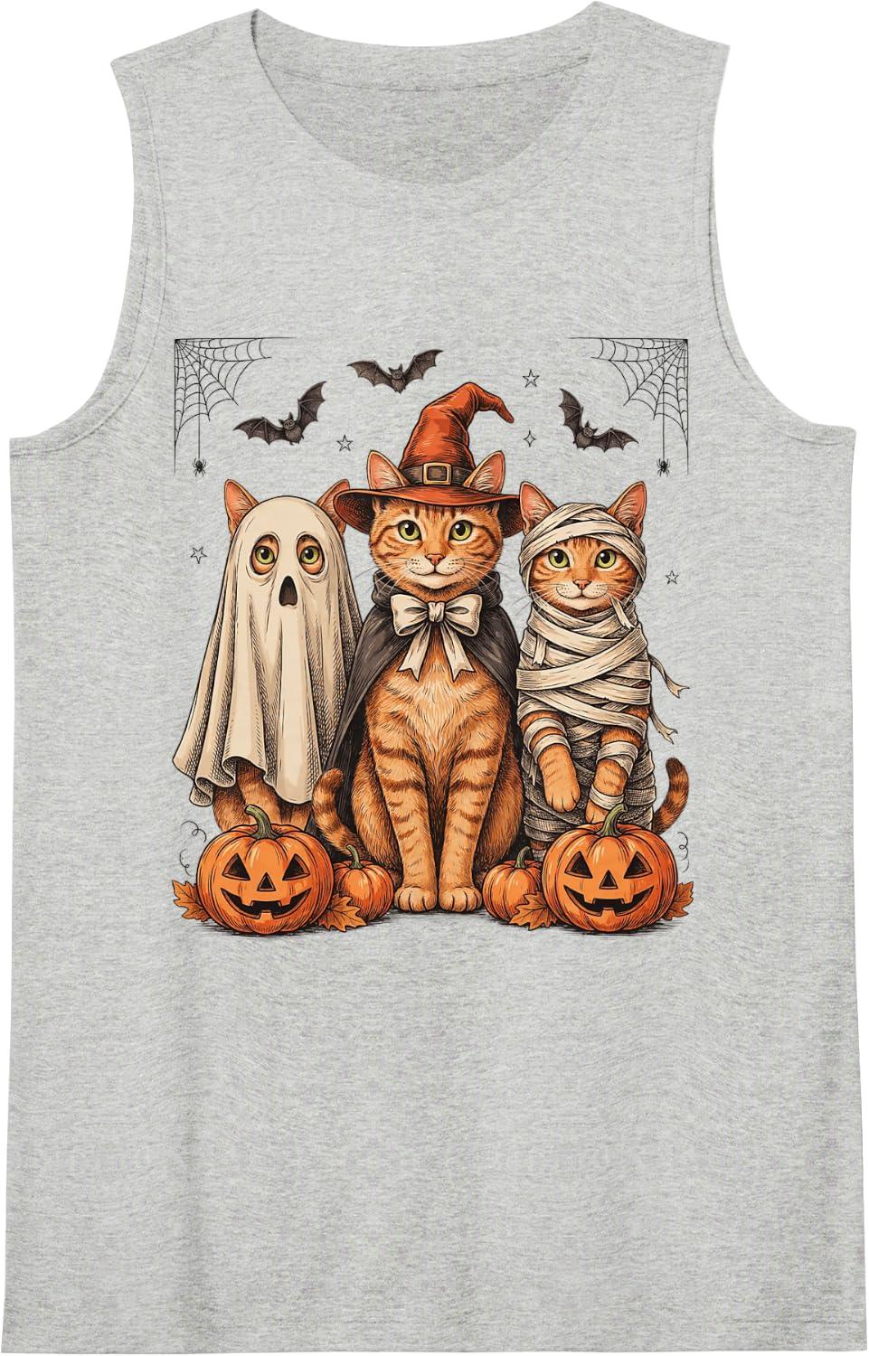 Vintage Halloween Orange Tabby Ghost Witch Mummy Sleeveless Tank Top - Heather Grey