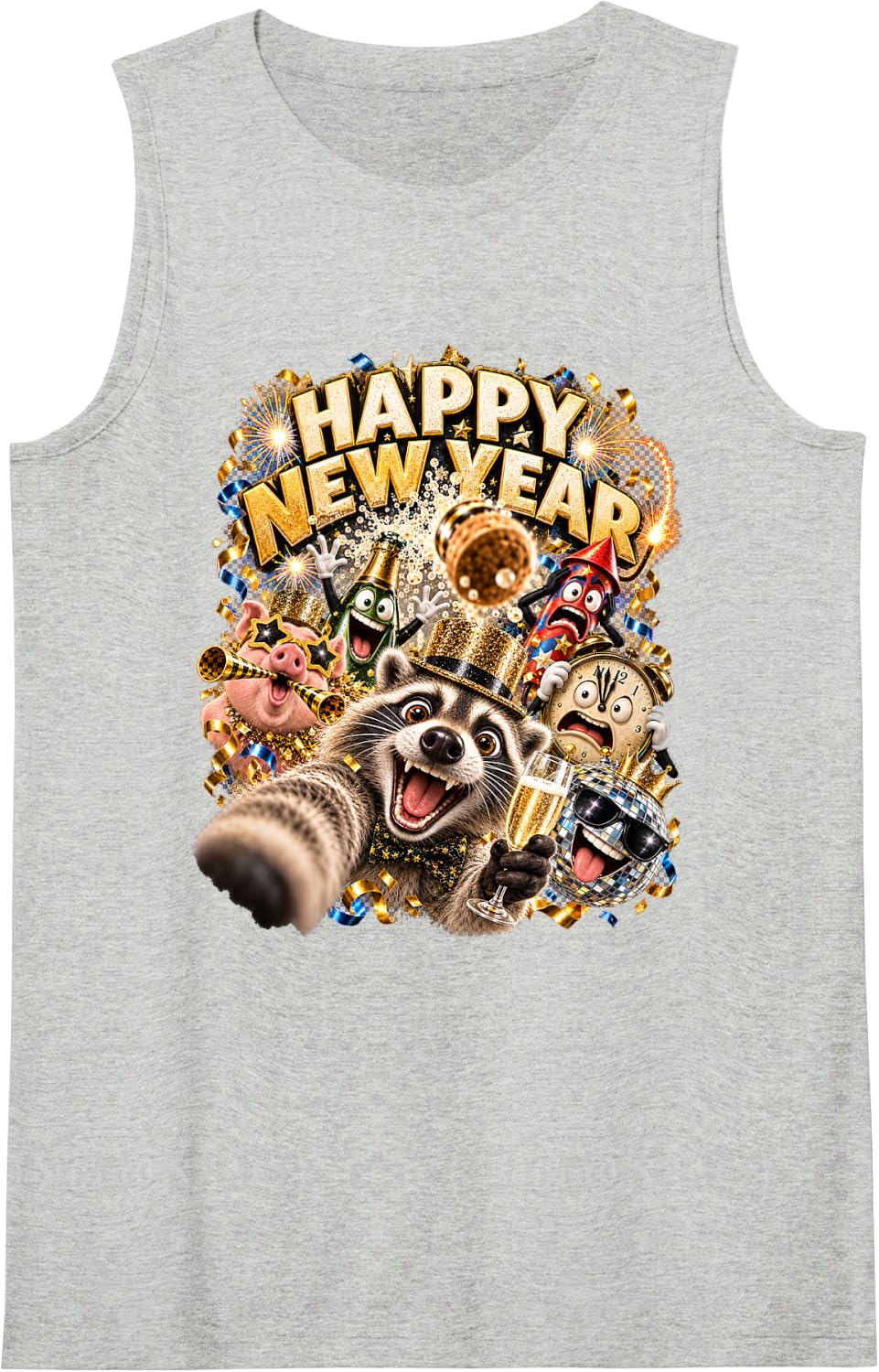Happy New Year Raccoon Selfie Gold Hat Toast Party Art Sleeveless Tank Top - Heather Grey
