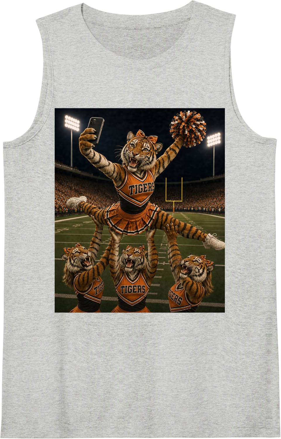 Tigers Cheerleaders Selfie Football Game Day Team Mascot Sleeveless Tank Top - Heather Grey