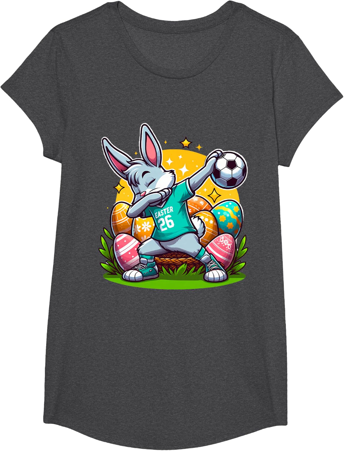 Easter Bunny player dabbing with Soccer Ball easter day kids T-Shirt - Girls Dark Heather Grey