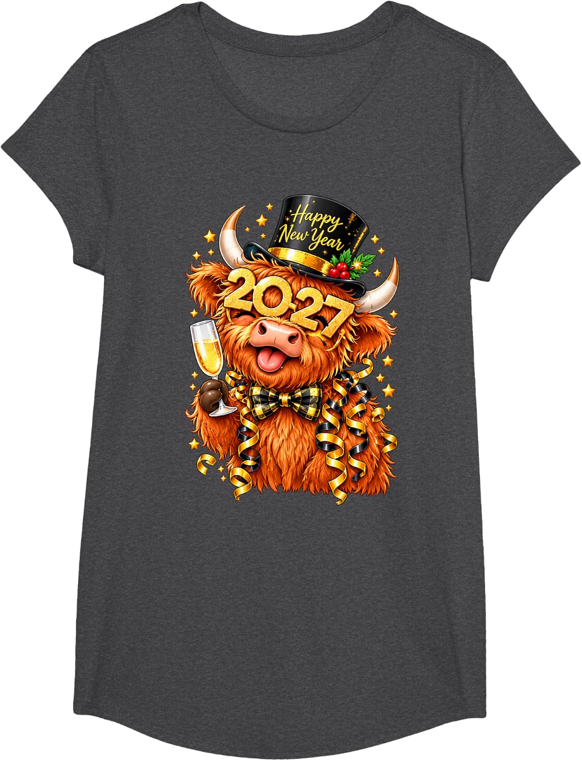 Happy New Year 2027 Shirt Highland Cow Champagne Party T-Shirt - Girls Dark Heather Grey