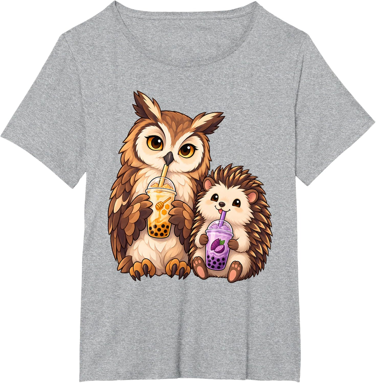 Owl and Hedgehog Drinking Bubble Tea Kawaii Boba Tea T-Shirt - Heather Grey