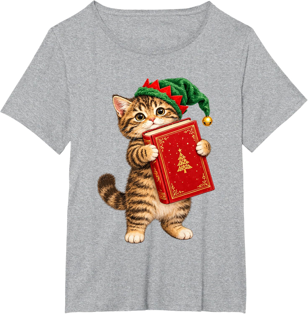 Cute Christmas Tabby Cat Book Lover Xmas Holiday Kitten T-Shirt - Heather Grey
