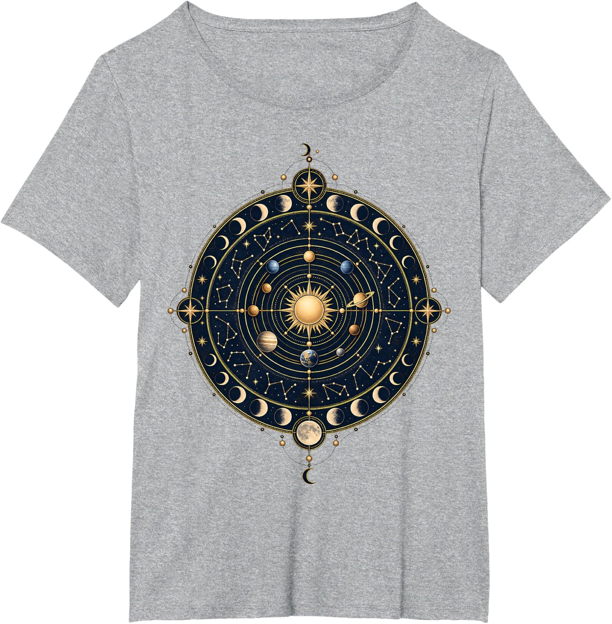 Celestial Solar System Moon Phases Stargazing Art T-Shirt - Heather Grey