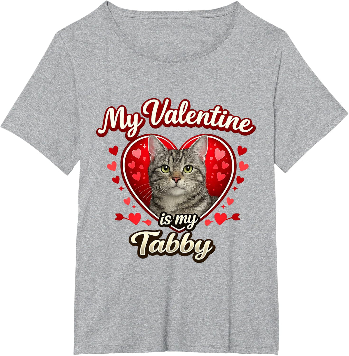 Gray Tabby Cat Valentine Hearts Feline Love Gift T-Shirt - Heather Grey