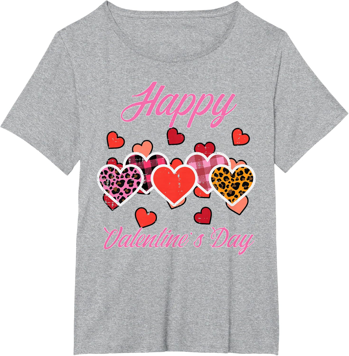 Happy Valentines Day Leopard Plaid Hearts Women Girls Kids T-Shirt - Heather Grey
