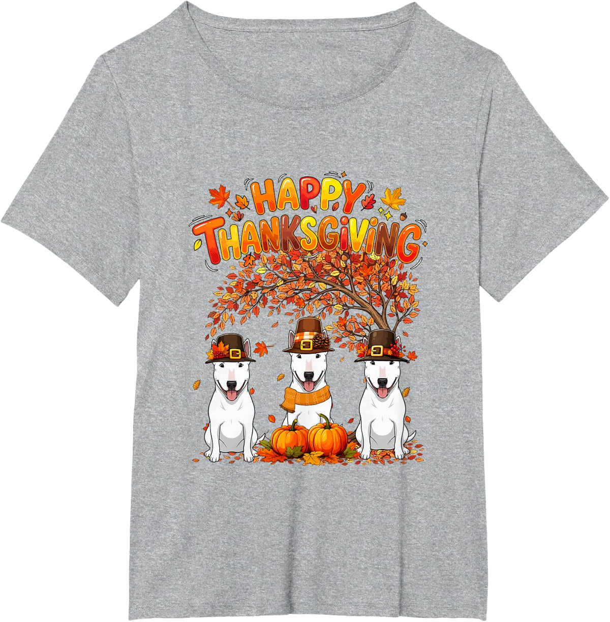 Three Cute Bull Terriers Thanksgiving Fall Tree Owner T-Shirt - Heather Grey