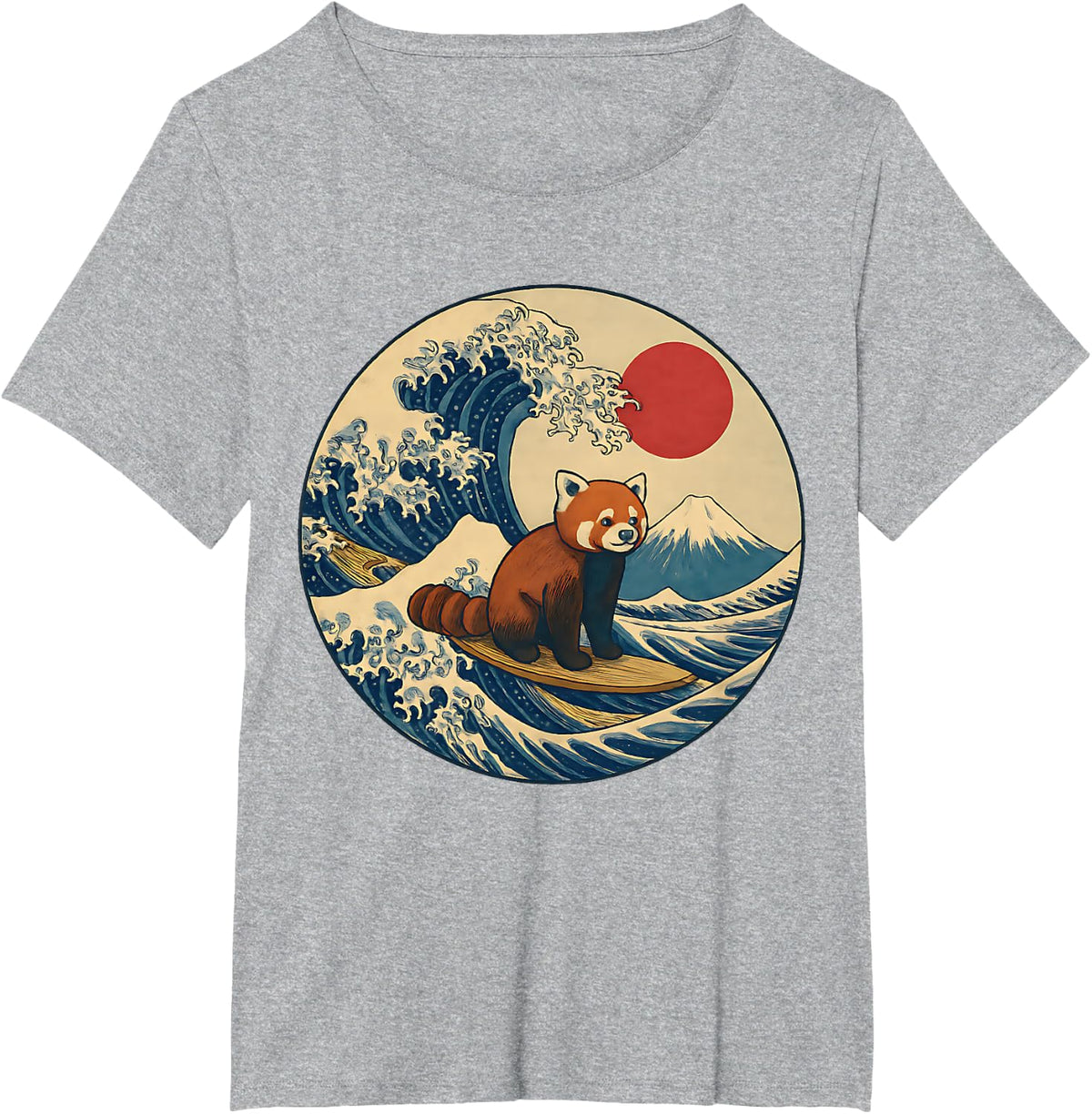 Japanese Surf Animal Red Panda Kanagawa Wave Graphic T-Shirt - Heather Grey